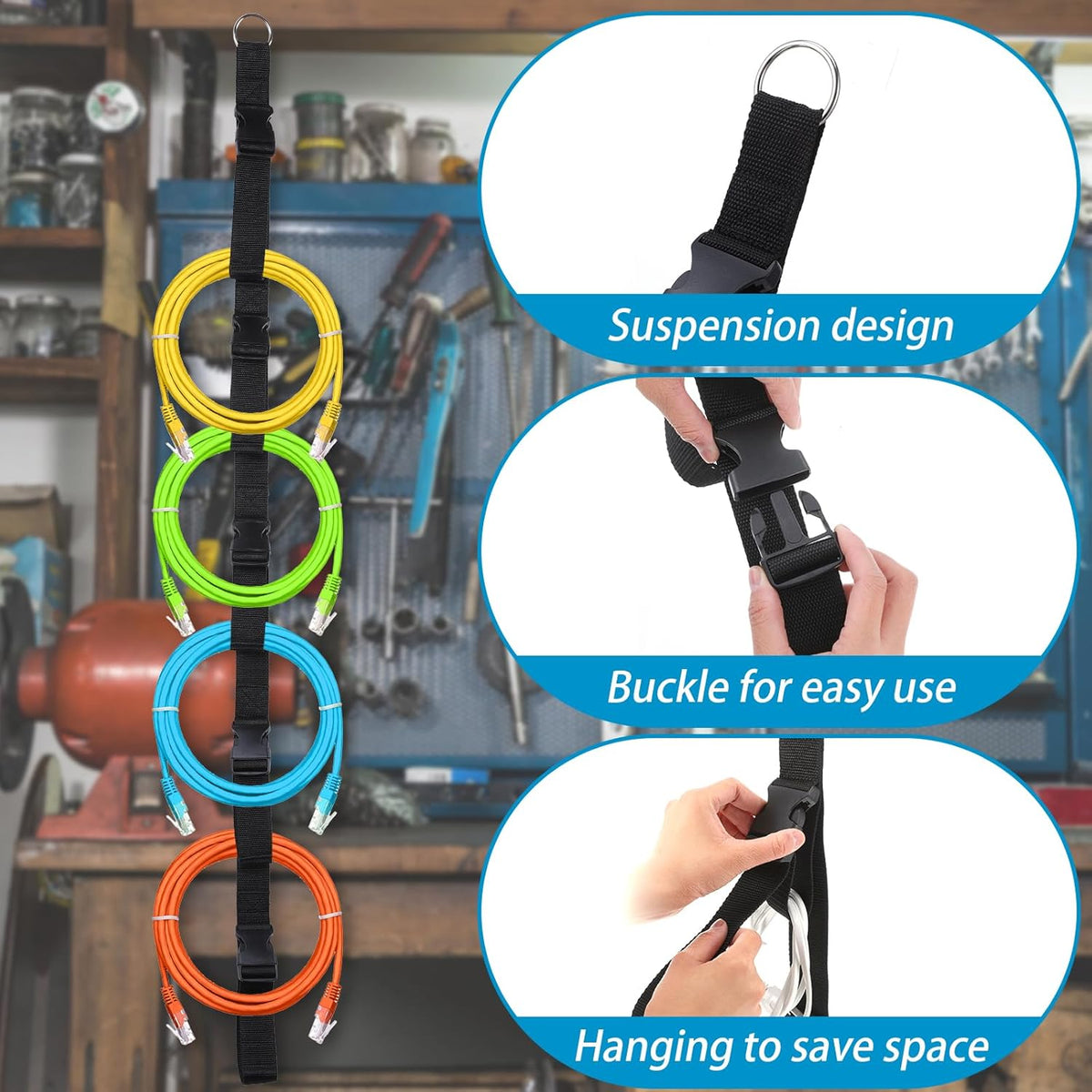 Extension Cord Organizer,4 PCS Extension Cord Hanger with 5 Slots,Garage Garden Storage Straps Black Organizer Straps for Cable, Hose, Rope, Light String, Tool