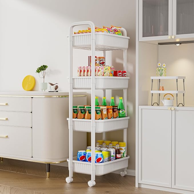 JOYZAN 4 Tier Rolling Carts with Wheels, Utility Cart with Handle and Locking Caster, Storage Cart for Kitchen, Office, Bedroom, Suitable for Diaper, Art Tools, Snack, Craft Storage Cabinet, White