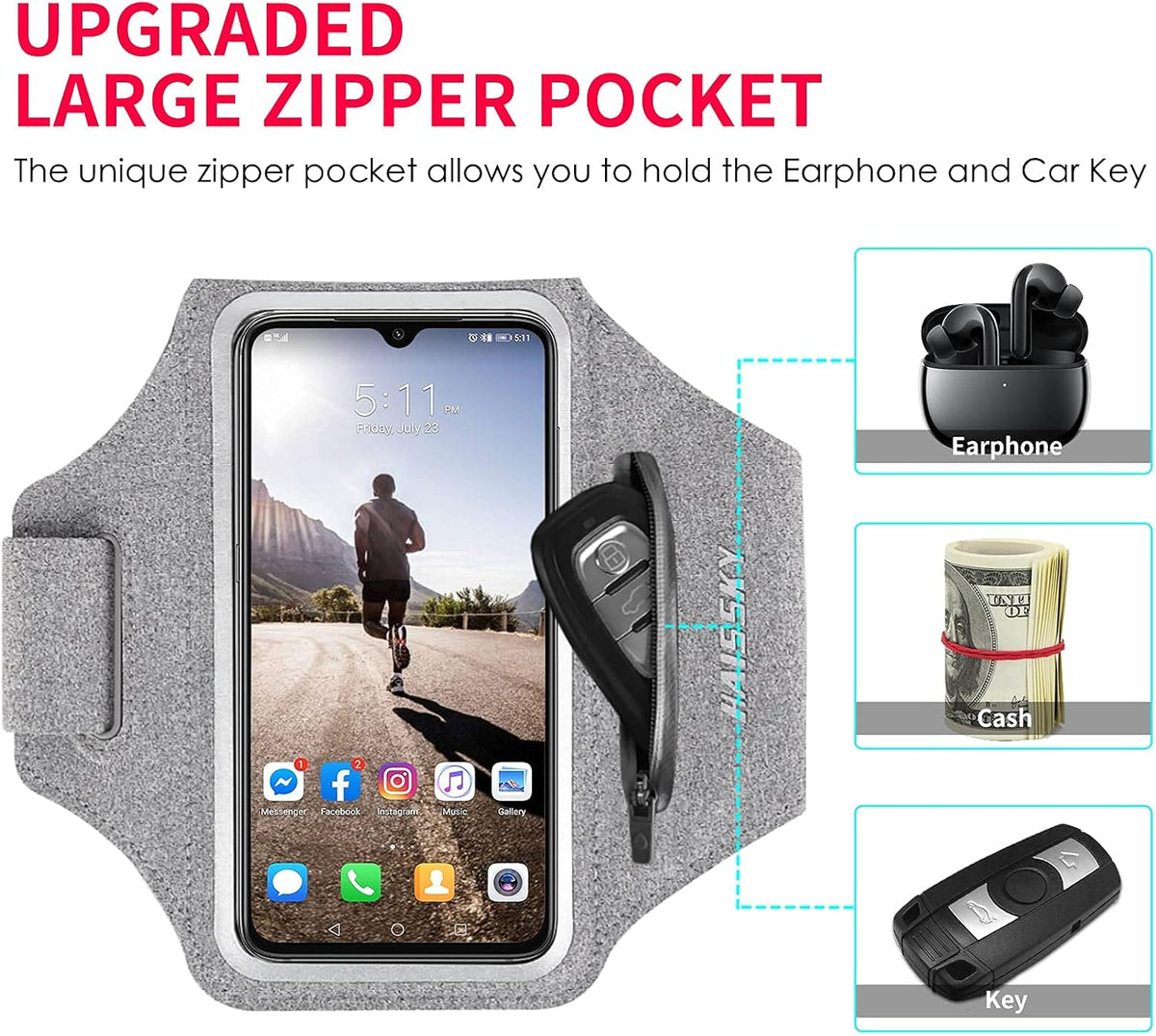 Running Armband with Earphone Bag Cell Phone Armband for iPhone 16 15 Pro 14 Plus 13 11 XR XS, Galaxy S24/S10 Water Resistant Sports Phone Holder Case & Zipper Slot Car Key Holder for 6.7 inch Phone