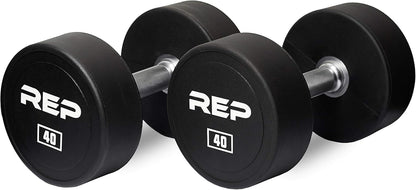 REP Fitness Urethane Coated Round Dumbbells, 5 to 100 lbs, Singles or Pairs, With or Without Rack, Steel Core, Rubber Encased, Chrome Handles, Professional Weights for Home Gym Strength Training