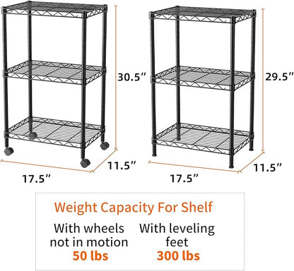 SINGAYE 3 Small Shelves Storage Shelf Wire Shelving Unit Metal Shelf Adjustable Organizers Storage Shelving with Wheels for Bathroom Laundry Room Kitchen Pantry11.5”D x 17.5”W x 30.5”H Black