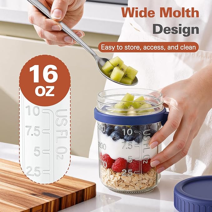 6 Pack Overnight Oats Containers with Lids and Spoons, 16 oz Airtight Oatmeal Container with Measurement Marks, Overnight Oats Jars Large Capacity Airtight Jars for Milk, Cereal, Fruit
