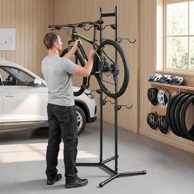 VEVOR Bike Stand for 2 Bikes, Freestanding Vertical Bike Storage Rack, with Height-Adjustable Hooks, Heavy-Duty Carbon Steel Standing Bicycle Floor Stand, Ideal for Garage, Apartment, Home, Black