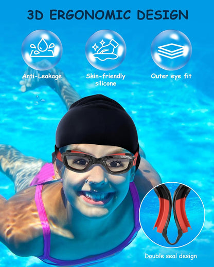 Kids Swim Goggles, Swimming Goggles for Kids Toddlers 3-14 with Swim Cap, Nose Clip, Nose Bridge, Ear Plugs