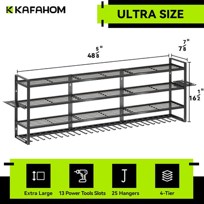 KAFAHOM Large Power Tool Organizer Wall Mount-13 Drill Holder for Garage,4 Layer Power Tool Rack,Tool Organizer and Storage with 2 New Accessories, Gifts Idea for Men Dad Husband