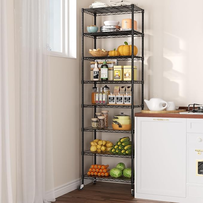 SINGAYE 8 Tier Shelf Organizer Storage Metal Shelves Garage Wire Shelving Unit Pantry Rack Adjustable Standing Storage for Kitchen Closet Laundry Bathroom Pantry 12" D x 22" W x 74" H Black