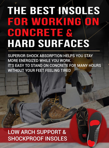 Work Pro Comfort Insoles - Shock Absorption - Low Arch - Cushioning Anti Fatigue Shoe Insert Men Women - Non-Slip - Soft Comfortable Work Boot Insoles - Foot Pain Relief (M, Black)