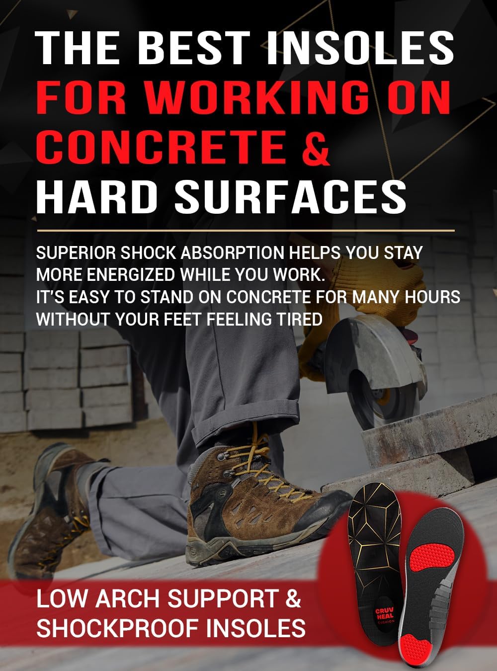 Work Pro Comfort Insoles - Shock Absorption - Low Arch - Cushioning Anti Fatigue Shoe Insert Men Women - Non-Slip - Soft Comfortable Work Boot Insoles - Foot Pain Relief (L, Black)
