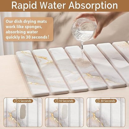 Large Stone Dish Drying Mat for Kitchen Counter,Quick Dry Stone Dishes Mats,Marbled Water Absorbing Diatomaceous Earth Drying Pad for Countertop Bottles Utensils Cups(Yellow White 24"x16"&8"x4")