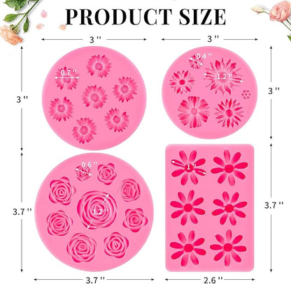 Puyeipt 4 Pcs Flower Silicone Fondant Molds, Daisy Rose Flower Chocolate Candy Molds for Cupcake Topper, Cake Pop Decoration and Clay Craft Making