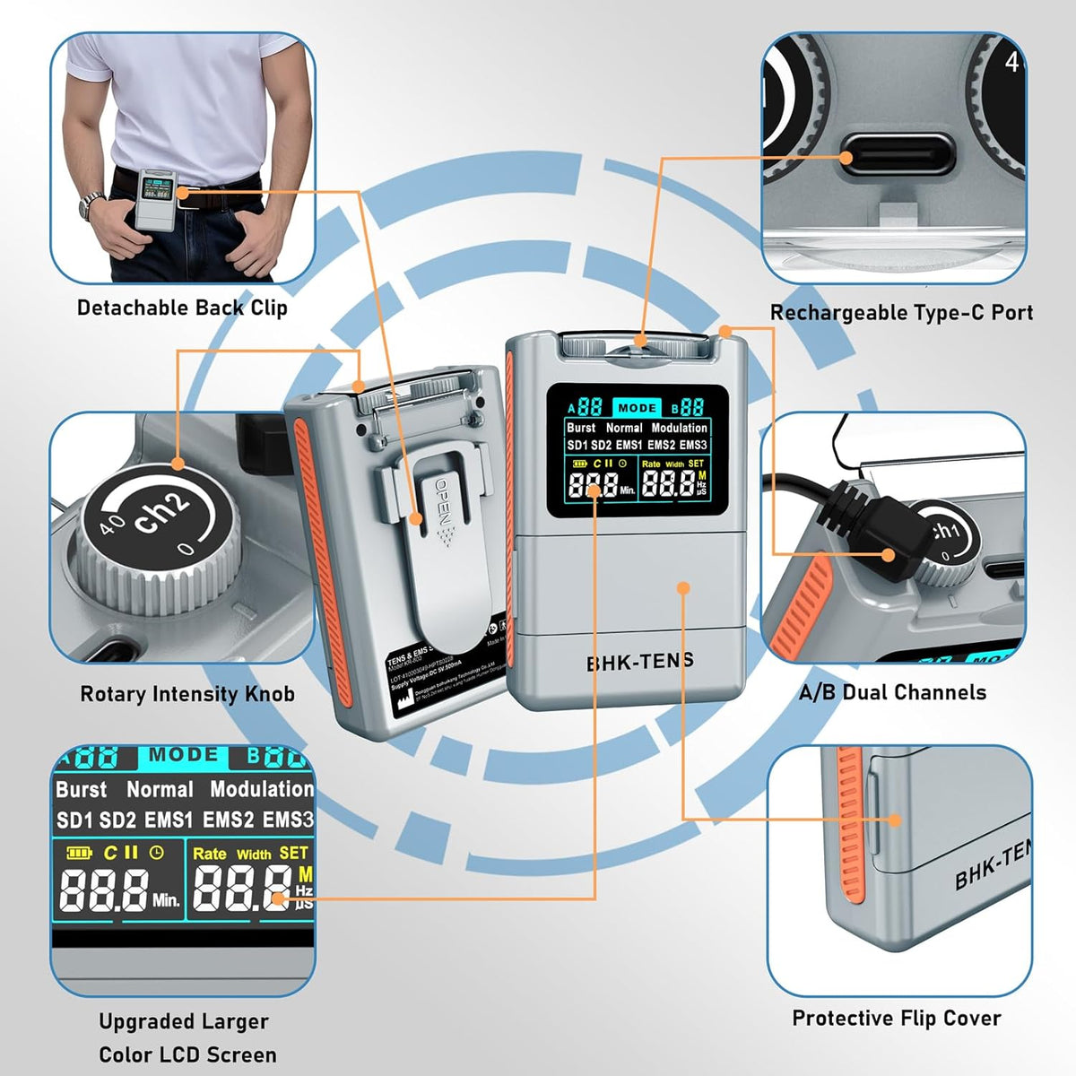 DIY Pluse TENS EMS Unit Muscle Stimulator for Back Pain Relief, Rechargeable TENS Unit Machine with 8 Modes & 8 Electrode Pads. Electric TENS Massager for Chronic Pain, Muscle Relaxation, Home Use