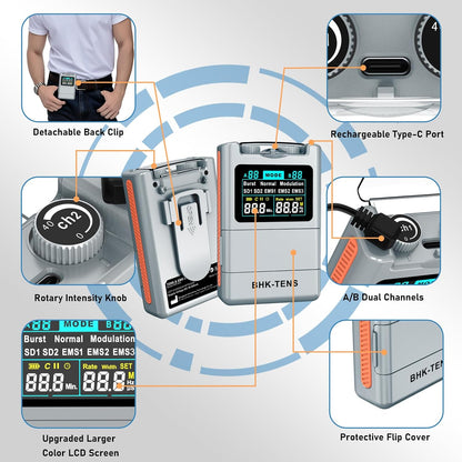 DIY Pluse TENS EMS Unit Muscle Stimulator for Back Pain Relief, Rechargeable TENS Unit Machine with 8 Modes & 8 Electrode Pads. Electric TENS Massager for Chronic Pain, Muscle Relaxation, Home Use