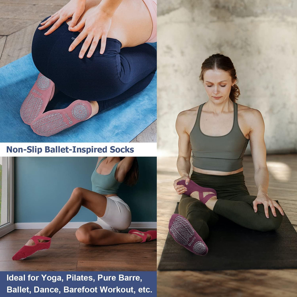 Ozaiic Yoga Socks for Women Non-Slip Grips & Straps, Ideal for Pilates, Pure Barre, Ballet, Dance, Barefoot Workout