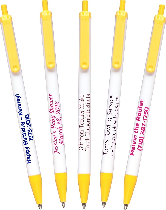 USA Made, Personalized Writing Ink Ballpoint Novelty Pens, Custom Printed with Your Logo & Text (Pack of 100 White Pens with Yellow Trim)
