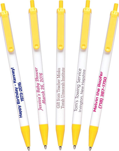 USA Made, Personalized Writing Ink Ballpoint Novelty Pens, Custom Printed with Your Logo & Text (Pack of 100 White Pens with Yellow Trim)