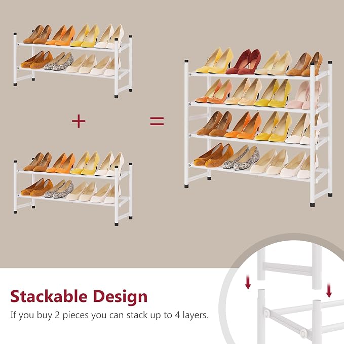 Tajsoon Expandable Shoe Rack for Closet 2 Tier, 28“-41“ Adjustable & Stackable Shoe Shelf Storage, Metal Shoe Rack Organizer for Front Door Entrance, Closet, Garage, Entryway, White