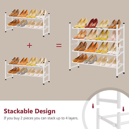 Tajsoon Expandable Shoe Rack for Closet 2 Tier, 28“-41“ Adjustable & Stackable Shoe Shelf Storage, Metal Shoe Rack Organizer for Front Door Entrance, Closet, Garage, Entryway, White