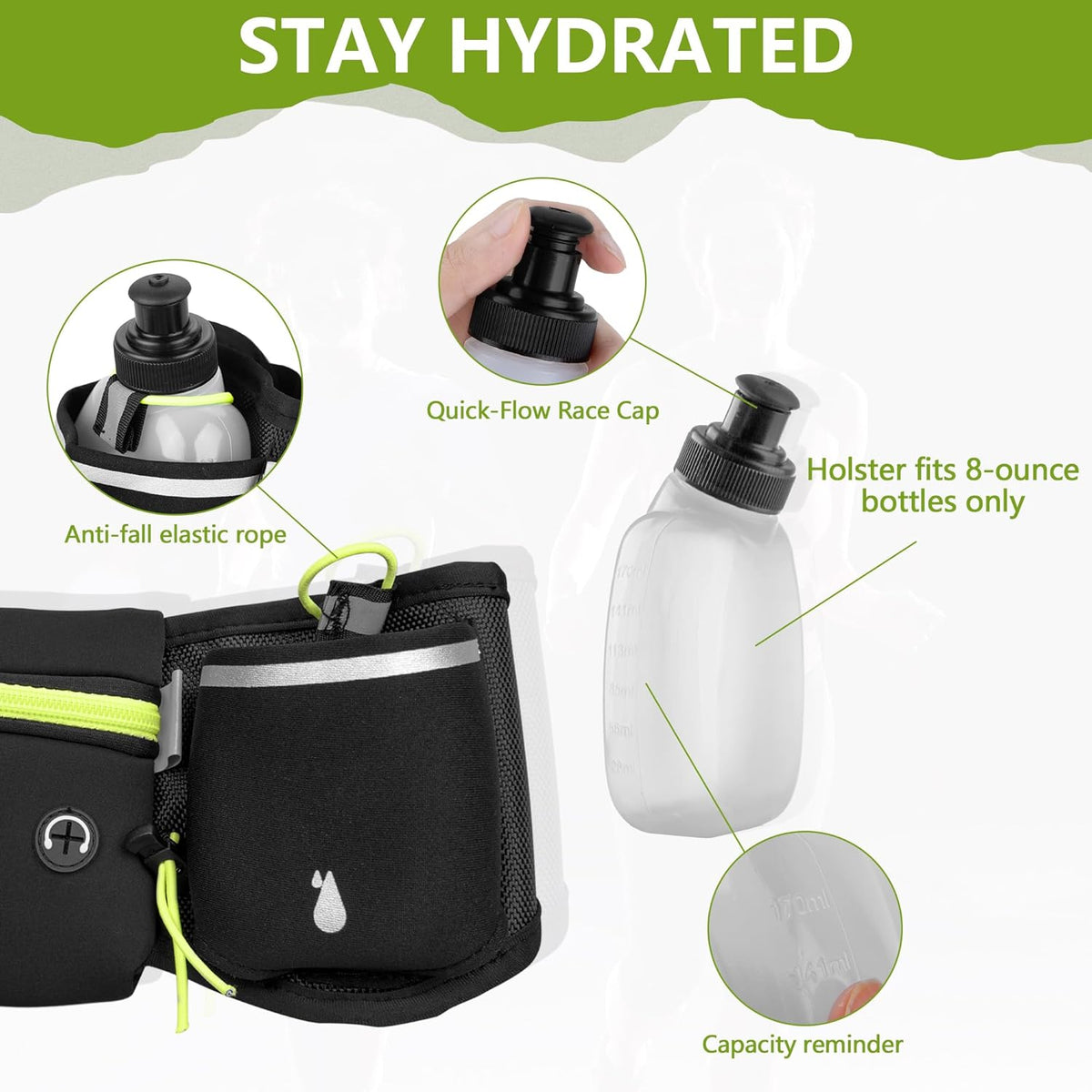 Hydration Running Belt for Women & Men with 2 Water Bottles – Water-Resistant Waist Pack & Phone Holder, No-Bounce Fit for Running, Hiking, Workouts – Bonus Sweatband, Fits All Phones