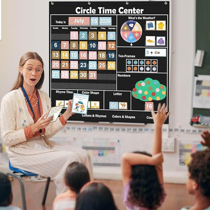 Pasimy 284 Pcs Circle Time Learning Center Classroom Pocket Chart Boho Circle Time Calendar Learning Math Calendar Weather Color Shape for Home Classroom Decoration Back to School Supplies