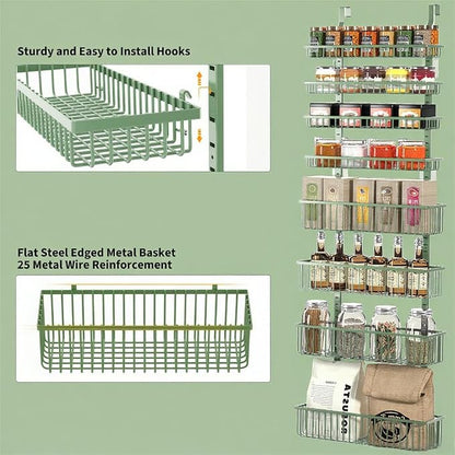 Moforoco Sage Green Over The Door Pantry Organizer, Pantry Door Organizer Shelves, Kitchen Organizers and Storage, Hanging Basket Wall Spice Rack Seasoning Shelves