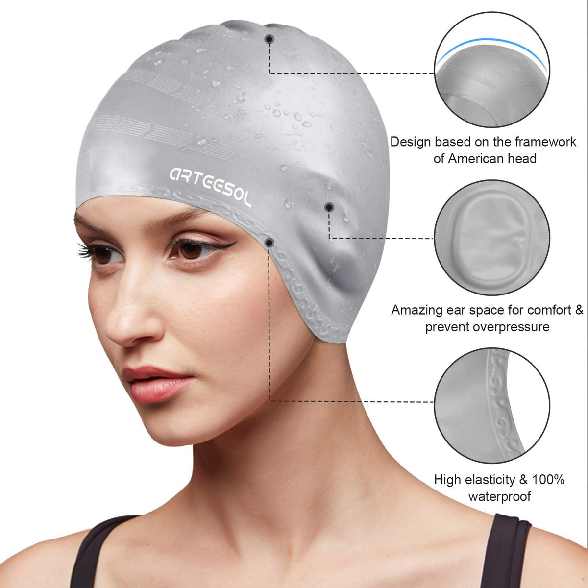 Swimming Cap, Silicone Swim Cap for Women Men, Durable Non-Slip Waterproof Swim Cap Protect Ears, Long Hair for Adults, Older Kids