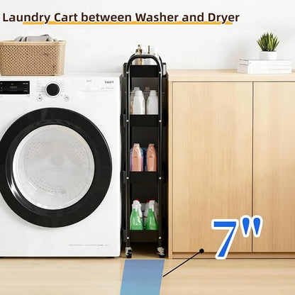 4 Tier Slim Storage Cart with Wheels for Laundry Room Between Washer and Dryer, 7.1'' Narrow Rolling Cart with Wheels and Lockable Casters, Metal Thin Standing Shelf for Small Space, Black