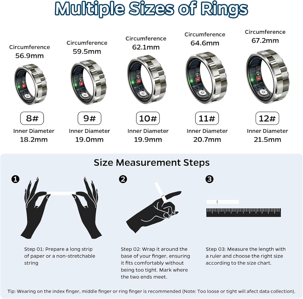 Smart Ring Health Tracker, Sleep Tracker Ring with Heart Rate, Waterproof Fitness Ring for Activity Monitoring/Steps/Distance/Calories,Air Gestures,Up to 7Day Battery,for iOS Android(Stylish Silver#9)