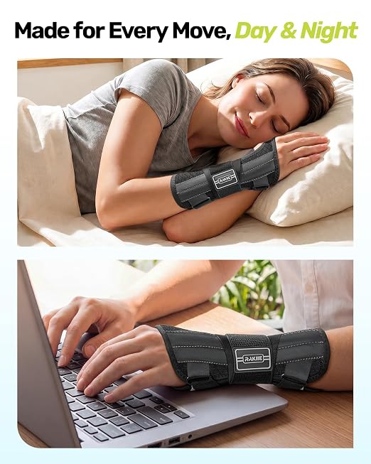 Rakiie Upgraded Carpal Tunnel Wrist Brace, Night Sleeping Support for Arthritis, Sprain & Tendonitis Pain Relief, Flexible 3-Bar Support, Breathable Hand Splint for Typing, Work & Housework, Fit for Men & Women (Gray, Medium, Left Hand)