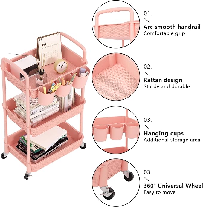 MOYIPIN 3-Tier Plastic Rolling Utility Cart with Handle,Utility Storage Cart for Office, Living Room, Kitchen,Movable Storage Organizer Shelves,Pink with 5 Hanging Cups