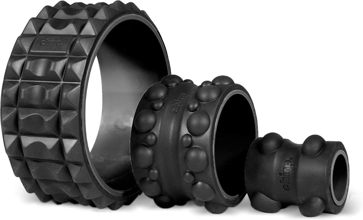 Chirp Wheel XR 3P Massage Roller Set - 10” Acupressure, 6” Knot-Kneading Thumb, 4” Neck & Headache Tension Relief, High Density Foam Massage Rollers for Back & Neck Pain, 500lbs Capacity, Black