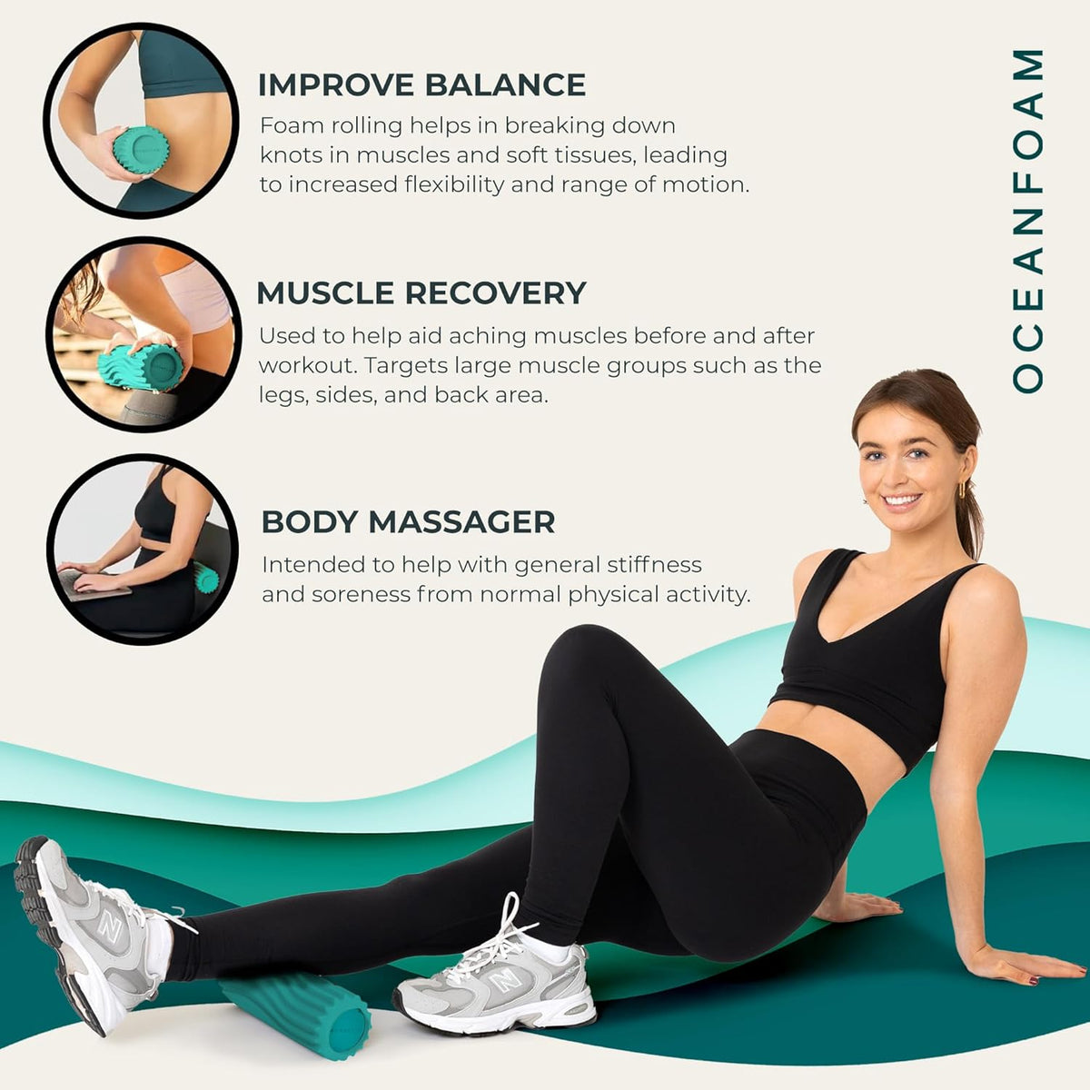 Oceanfoam Ripple Travel Foam Roller (11" x 3.35") Firm Mini Foam Roller for Physical Therapy, Deep Tissue Massage, Back Pain - High Density, Ergonomic Wave Textured - Yoga, Pilates, Exercise (Jade)