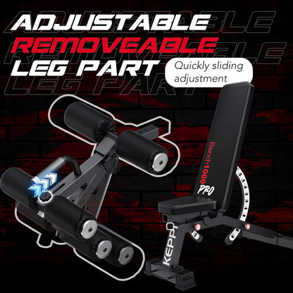Keppi 1200LB Weight Bench, Heavy Duty Bench1000 PRO Adjustable Workout Bench Press Set for Home Gym Strength Training, Removable Foot Catch for Incline Flat Decline Sit Up Bench for Full Body Fitness