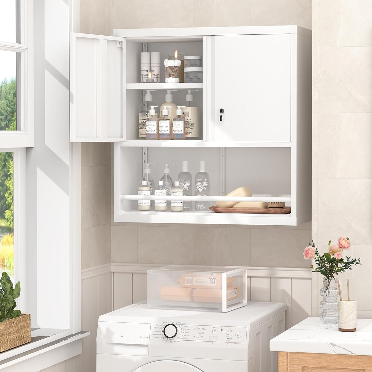 GREATMEET Locking Metal Garage Storage Cabinet with Doors and Shelves, 31" H Lockable Wall Cabinet Storage, White Steel Wall Mount Cabinet for Office