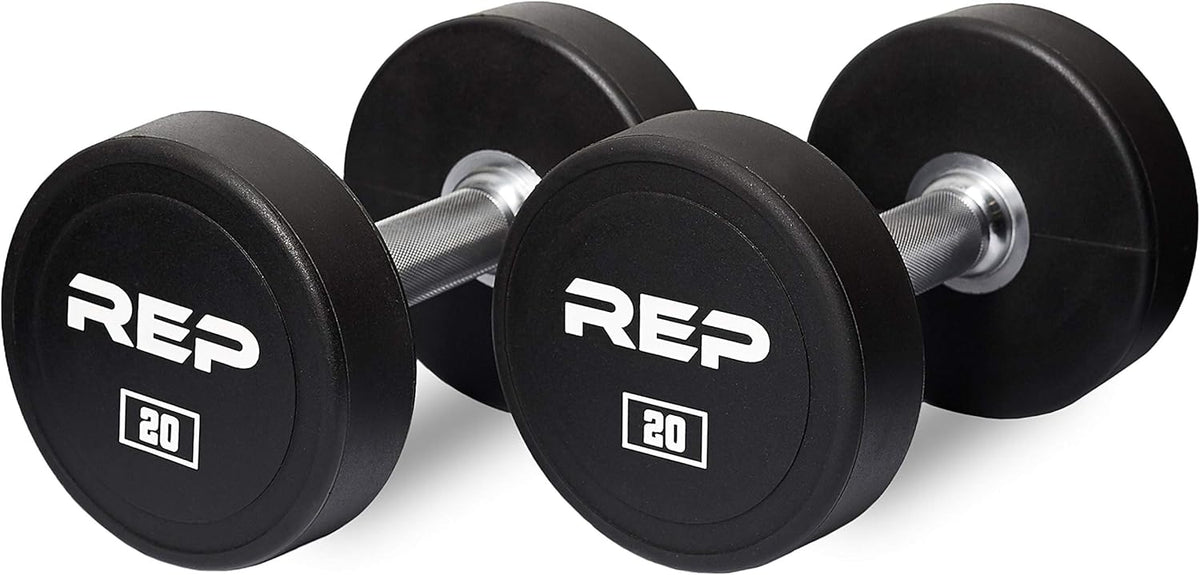 REP Fitness Urethane Coated Round Dumbbells, 5 to 100 lbs, Singles or Pairs, With or Without Rack, Steel Core, Rubber Encased, Chrome Handles, Professional Weights for Home Gym Strength Training