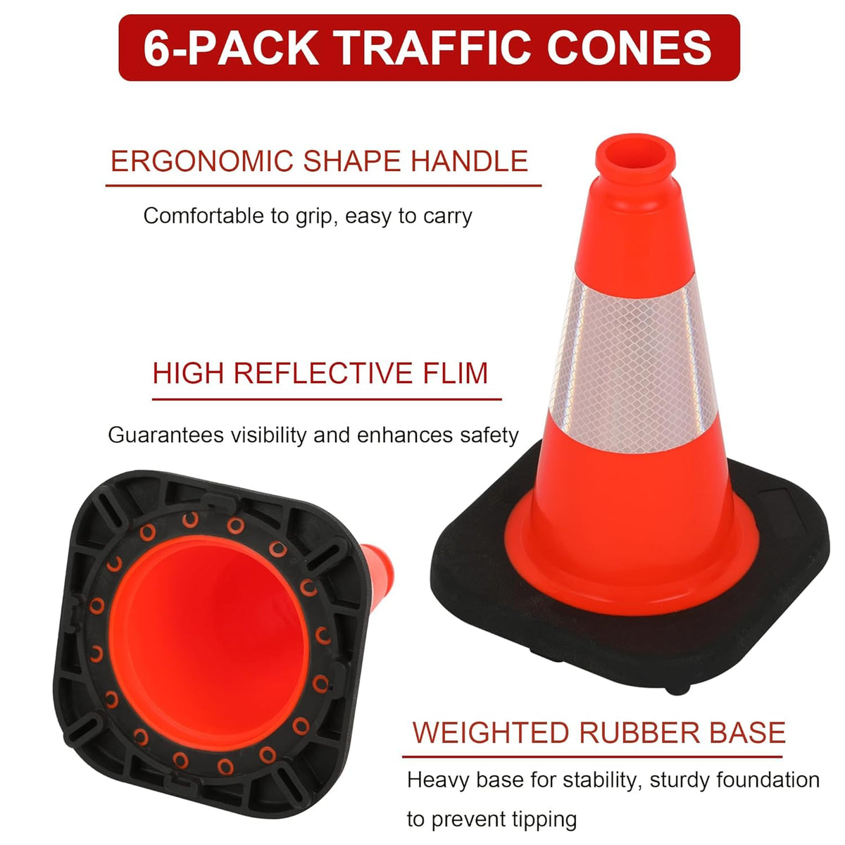 OrangeStar 12" Traffic Cones 6-Pack, Orange Safety Cones with Reflective Collar, Heavy Duty Base for Driving Practice, Parking Lots, Roadwork, Construction | Indoor & Outdoor Use