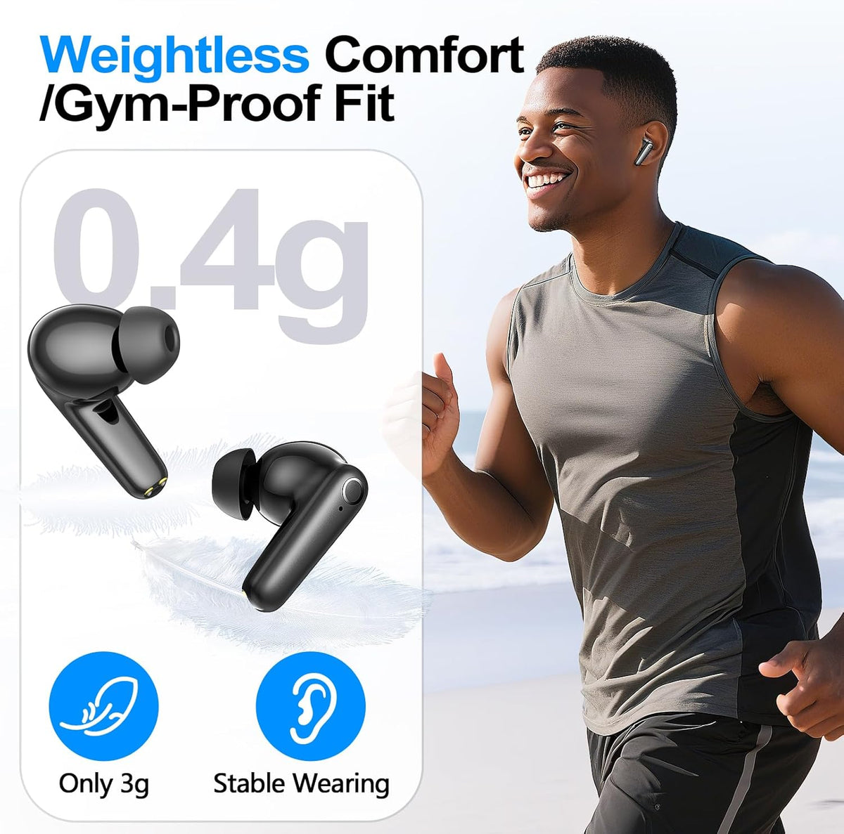 kurdene Wireless Earbuds Bluetooth 5.4 Headphones 60H Playtime Deep Bass Stereo Ear Buds with Mic Comfort Lightweight in Ear Earphones for Workout/Running Charcoal