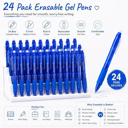 Volcanics Blue Erasable Gel Pens, 0.7mm Retractable, 24 Pack