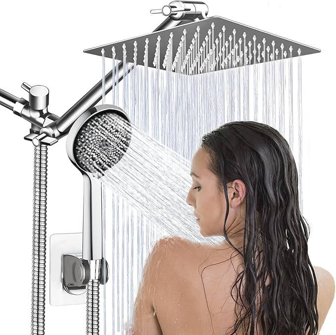 Shower Head,8”Rain Shower Head with Handheld Spray Combo with 11'' Angle Adjustable Extension Arm/Flow Regulator/Shower System,High Pressure Rainfall Shower Head Bathroom,Chrome