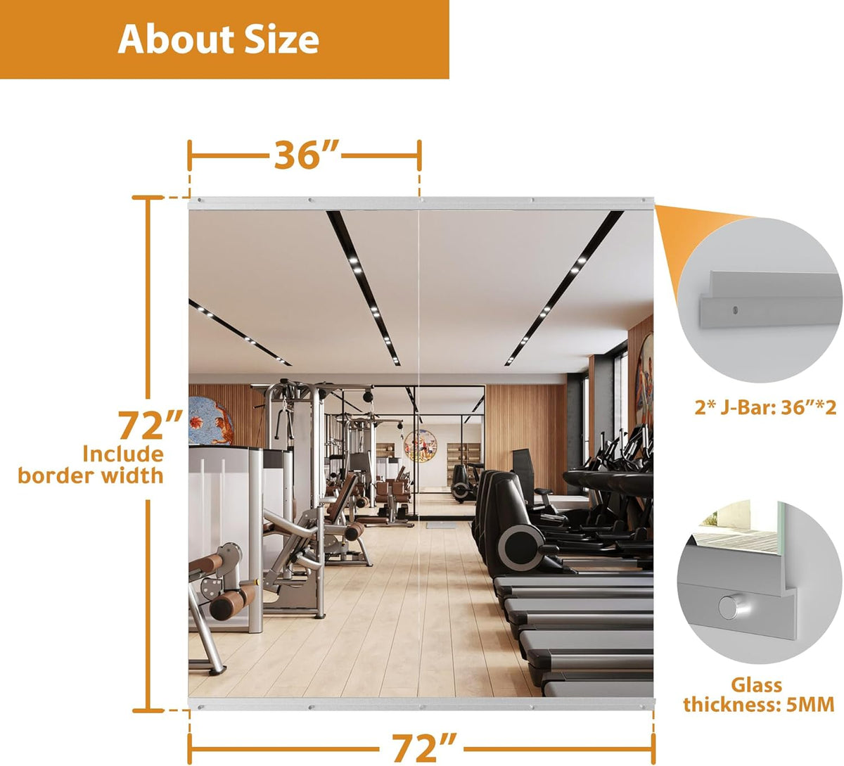 ROOMTEC Workout Mirrors for Home Gym 72"x36"-2PCS, Large Wall Mirror Full Length for Fitness, Yoga, Big Wall Mounted Frameless Glass Mirror for Garage, Dance Studio, Bedroom