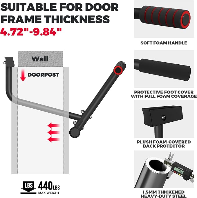ONETWOFIT Pull Up Bar for Doorway, 440 lbs Heavy Duty Upper Body Fitness Workout Bar for Home Gym Exercise, Multi-Grip Strength Wall Mounted Door Frame Chin-Up Bar for Almost All Doors