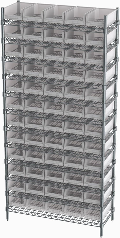 Hudson Exchange 36x14x74, 12-Tier (60 Bins Included), Industrial Wire Shelving Unit with Storage Shelf Bins, Chrome Rack (Clear)