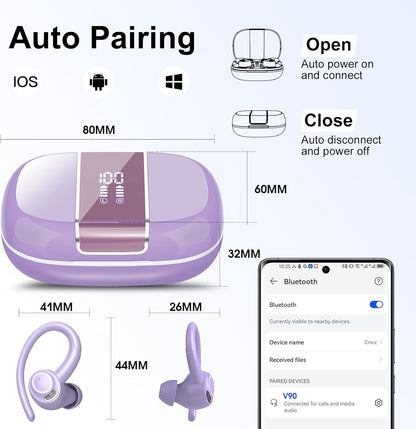 Wireless Earbuds Bluetooth 5.3 Headphones Sports, 48Hrs Playtime Bluetooth Earbuds with CVC 8.0 Mic, Stereo Bass Over Ear Bud with Earhooks, LED Display, IP7 Waterproof Earphon for Running Purple
