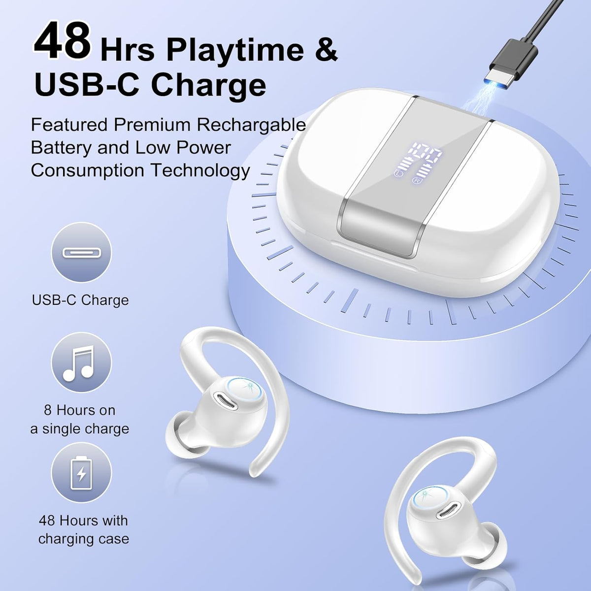 Wireless Earbuds Bluetooth 5.3 Headphones Sports, 48Hrs Playtime Bluetooth Earbuds with CVC 8.0 Mic, 2025 Stereo Bass Over Ear Bud with Earhooks, LED Display, IP7 Waterproof Earphon for Running White
