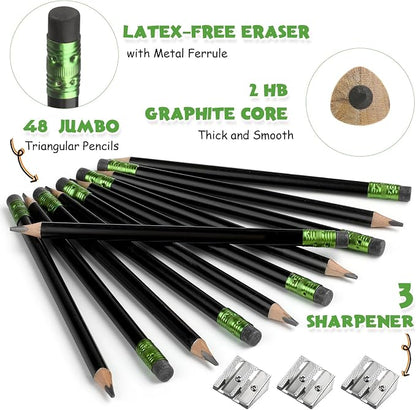 Fainne 48 Pcs Large Pencils 3 Sharpeners,Black,Triangle