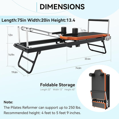 Pilates Reformer,Dpiolrcag Foldable Pilates Machine & Equipment for Home Use and Gym Workout, Suitable for Advanced and Beginners Users, Up to 250 lbs Weight Capacity