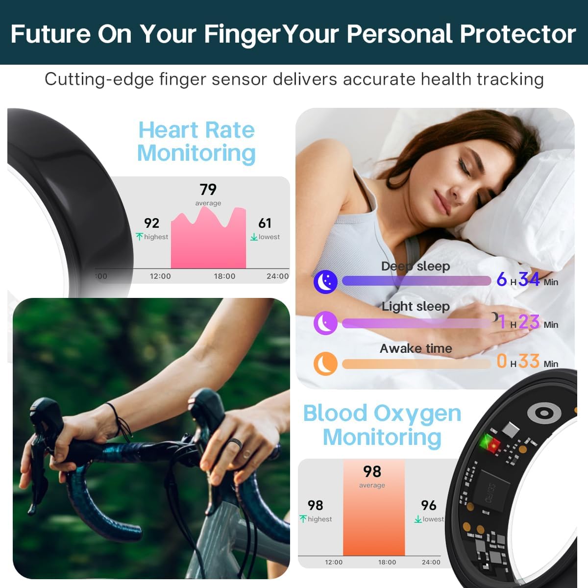 Smart Rings for Women Men,Fitness Tracker Ring,Heart Rate,Blood Oxygen,Blood Pressure,Step Tracker,Sleep Monitoring,No Subscription Fee,IP68 Waterproof Smart Ring for iphone&Android(Gold 10)
