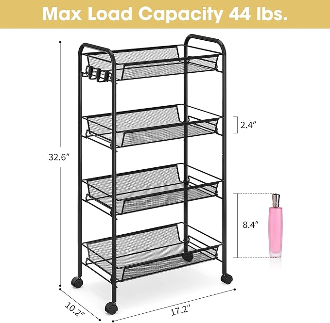 TOOLF 4-Tier Rolling Cart, Metal Utility Cart with 3 Hooks, Easy Assemble Mobile Storage Trolley On Wheels, Metal Shelving Units Kitchen Bathroom Laundry Room