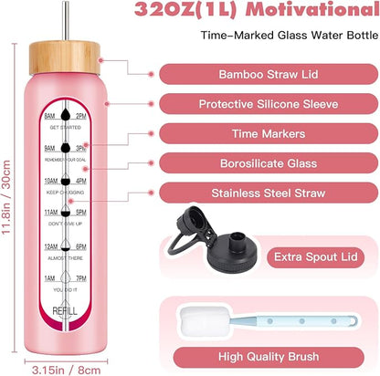 32oz Glass Water Bottle with Time Marker, 2 Lids-Handle Spout Lid & Bamboo Straw Lid, 1 Liter Motivational Borosilicate Water Bottle for Gym, Office, Travel (Pink)