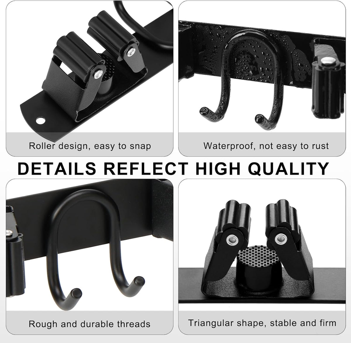Mop Broom Holder Wall Mount, Black Stainless Steel Tool Storage Organizer for Kitchen Garden Garage Laundry Room Bathroom and RV with 4 Slots 6 Hooks