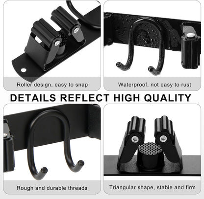 Mop Broom Holder Wall Mount, Black Stainless Steel Tool Storage Organizer for Kitchen Garden Garage Laundry Room Bathroom and RV with 4 Slots 6 Hooks